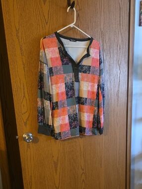 HEIMISH USA Orange, Green and Black Plaid Henley Long Sleeve Top Ptp 22-24, L26